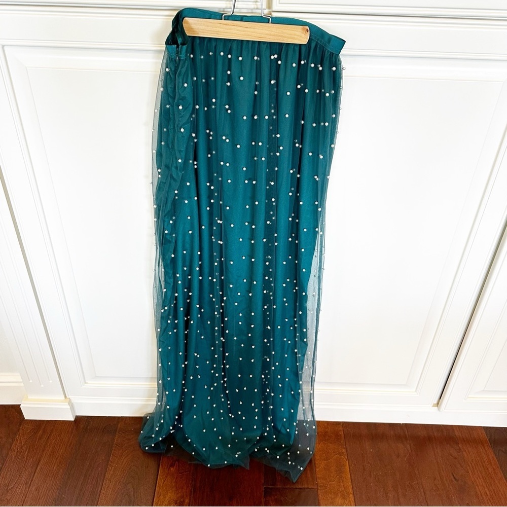 ASOS Design Women’s Tall Faux Pearl Embellished Tulle Maxi Skirt Forest Green - Picture 5 of 14